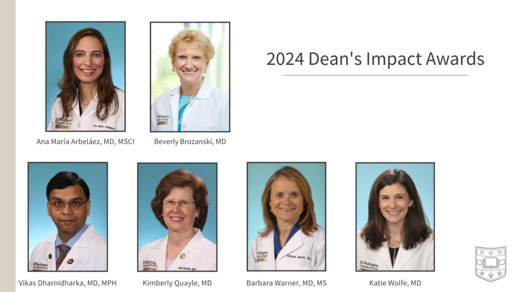 2024 Dean's Impact Awards Ana María Arbeláez, MD, MSCI Beverly S. Brozanski, MD Vikas R. Dharnidharka, MD, MPH Kimberly S. Quayle, MD Barbara B. Warner, MD, MS Katie K. Wolfe, MD