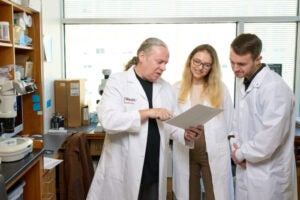 Jonathan Cooper, PhD, left, postdoctoral research associate Ewa Ziółkowska, PhD, and Matt Jensen go over data from their paper. Cooper and his lab study Batten disease in the McDonnell Pediatric Research Building on November 19, 2024. MATT MILLER/WASHINGTON UNIVERSITY SCHOOL OF MEDICINE