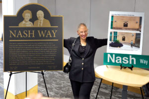 Alison Nash, MD, celebrates the unveiling of a planned plaque that will honor her father and her aunt, the late pediatricians Homer E. Nash Jr., MD, and Helen E. Nash, MD.
